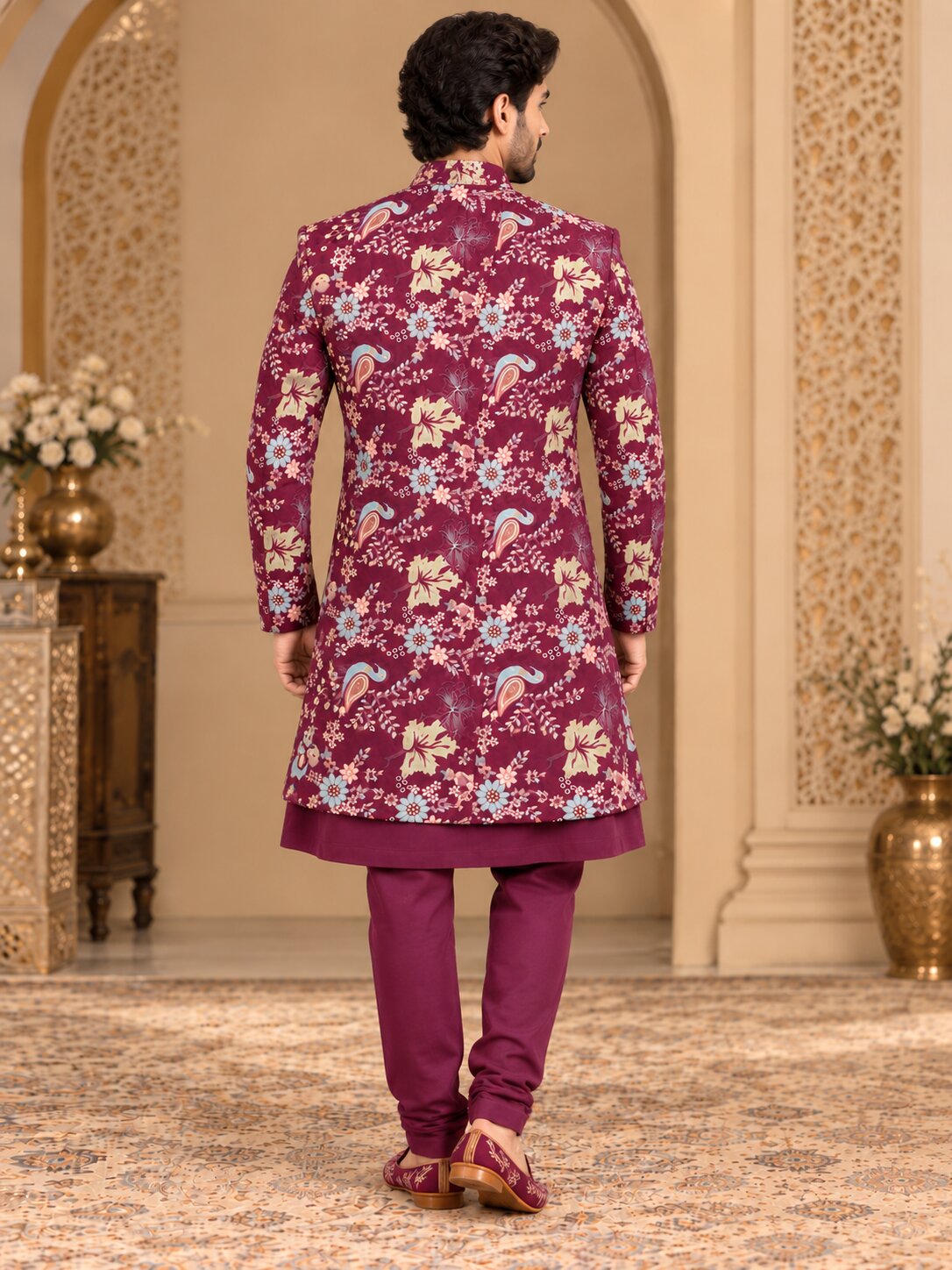 Men Premium Wine Floral & Paisley Front Open Indo Western Sherwani Set