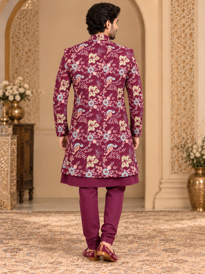 Men Premium Wine Floral & Paisley Front Open Indo Western Sherwani Set