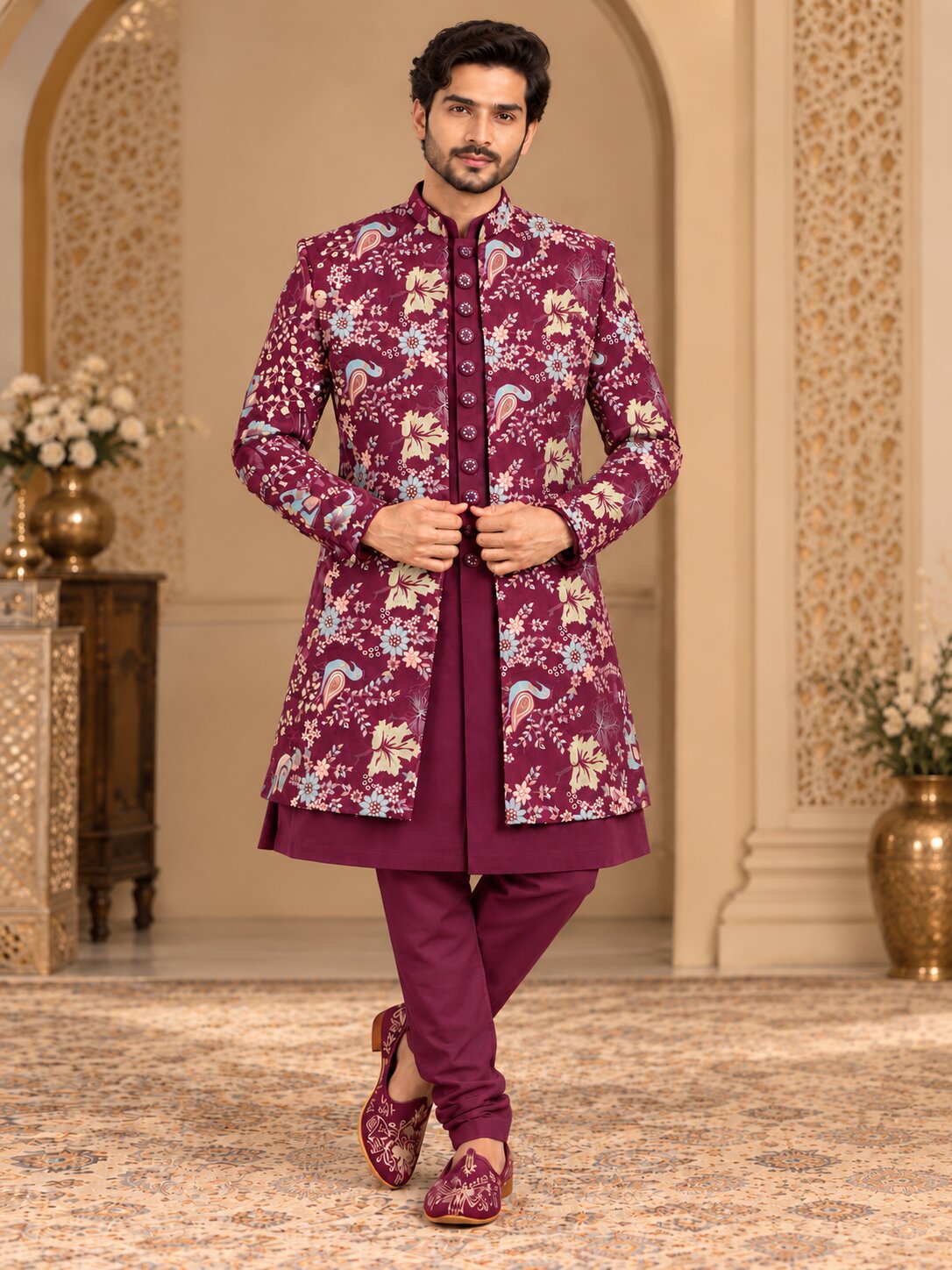 Men Premium Wine Floral & Paisley Front Open Indo Western Sherwani Set