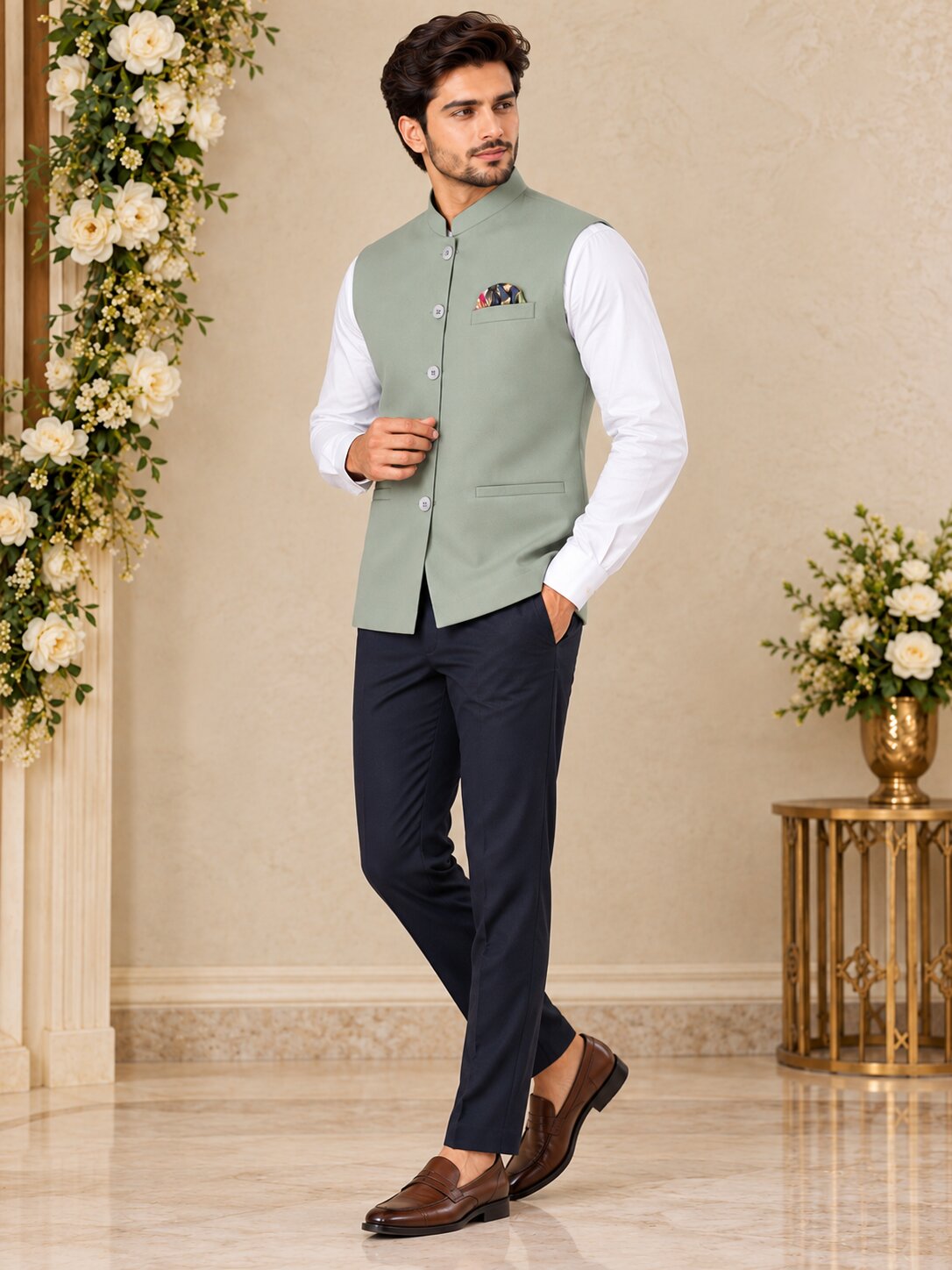Men Premium Pista Green Solid Nehru Jacket (Bundi)