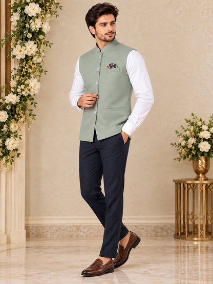 Men Premium Pista Green Solid Nehru Jacket (Bundi)