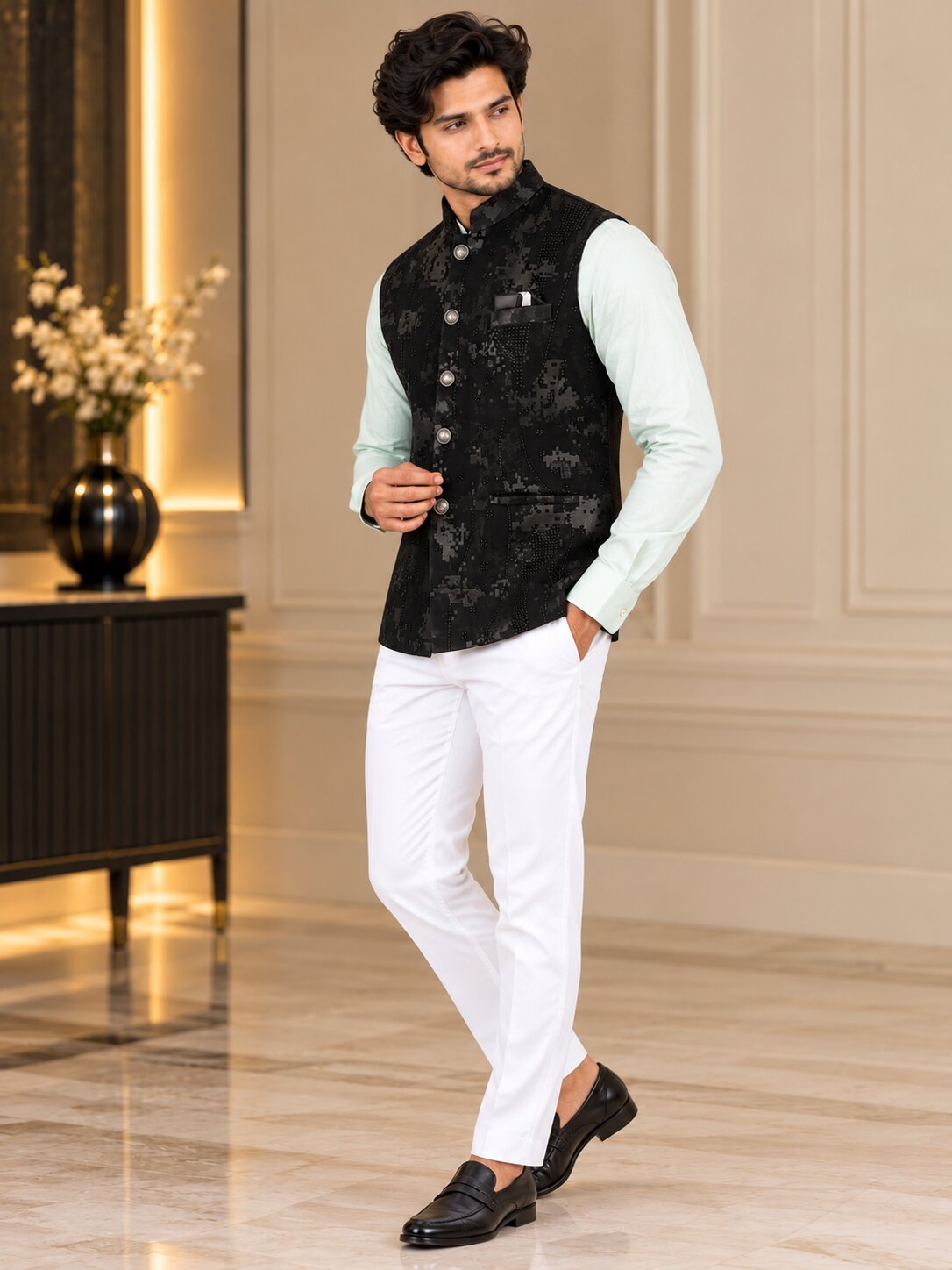 Men Black Abstract Printed Nehru Jacket