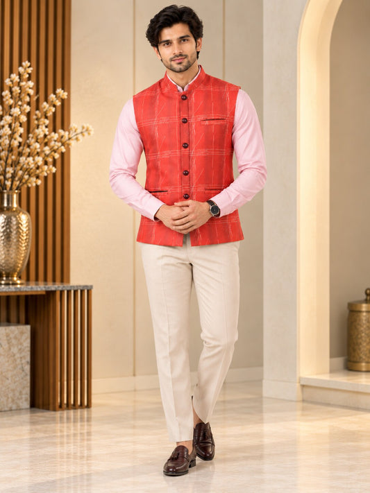 Men's Premium Orange Printed Nehru Jacket (Bundi)