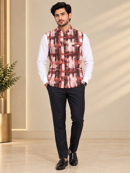 Men Wine Abstract Printed Nehru Jacket (Bundi)
