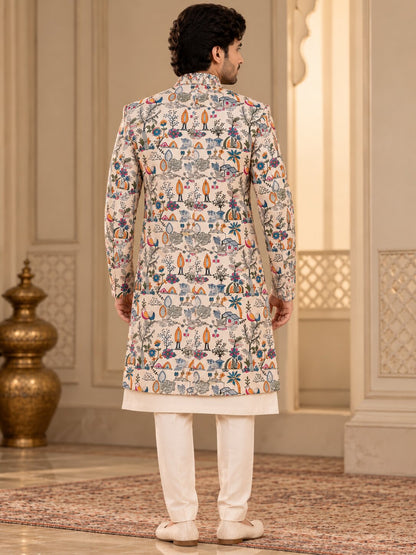 Men Premium Peach Embroidered Front Open Indo Western Sherwani Set