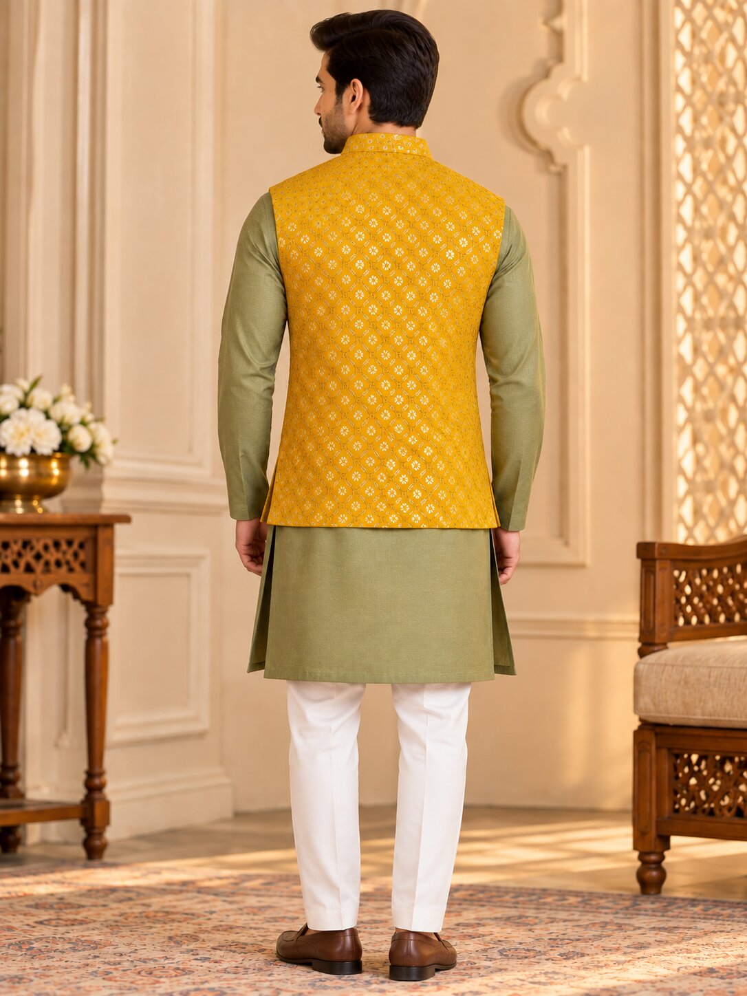 Men's Mustard Embroidered Nehru Jacket
