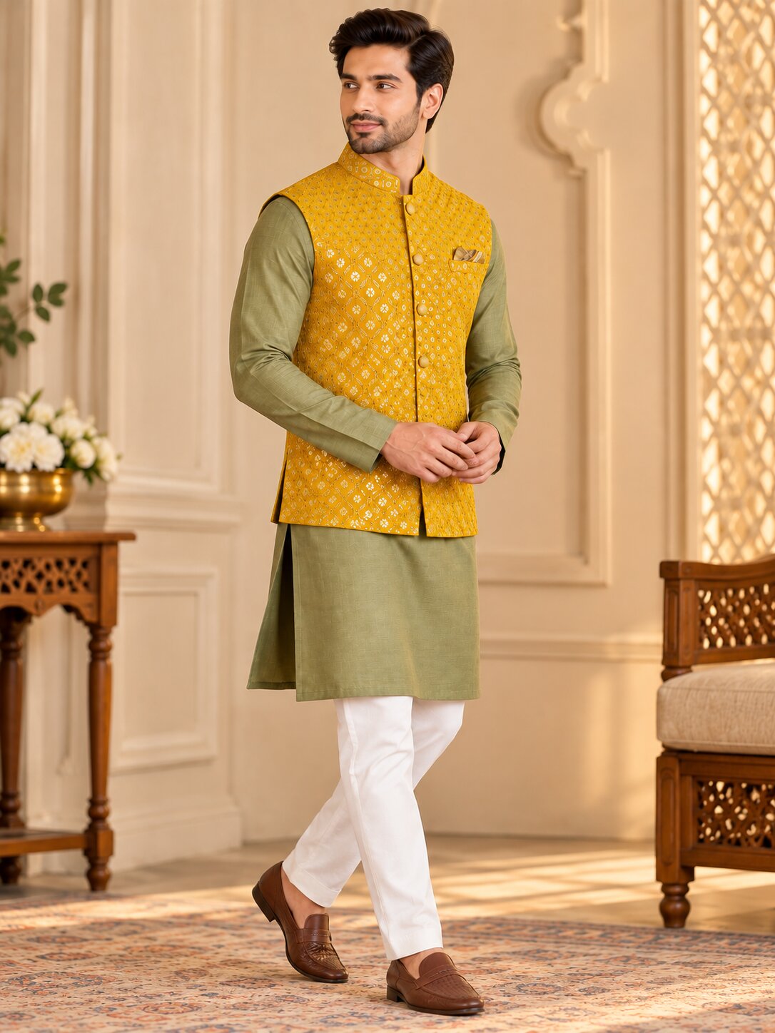 Men's Mustard Embroidered Nehru Jacket