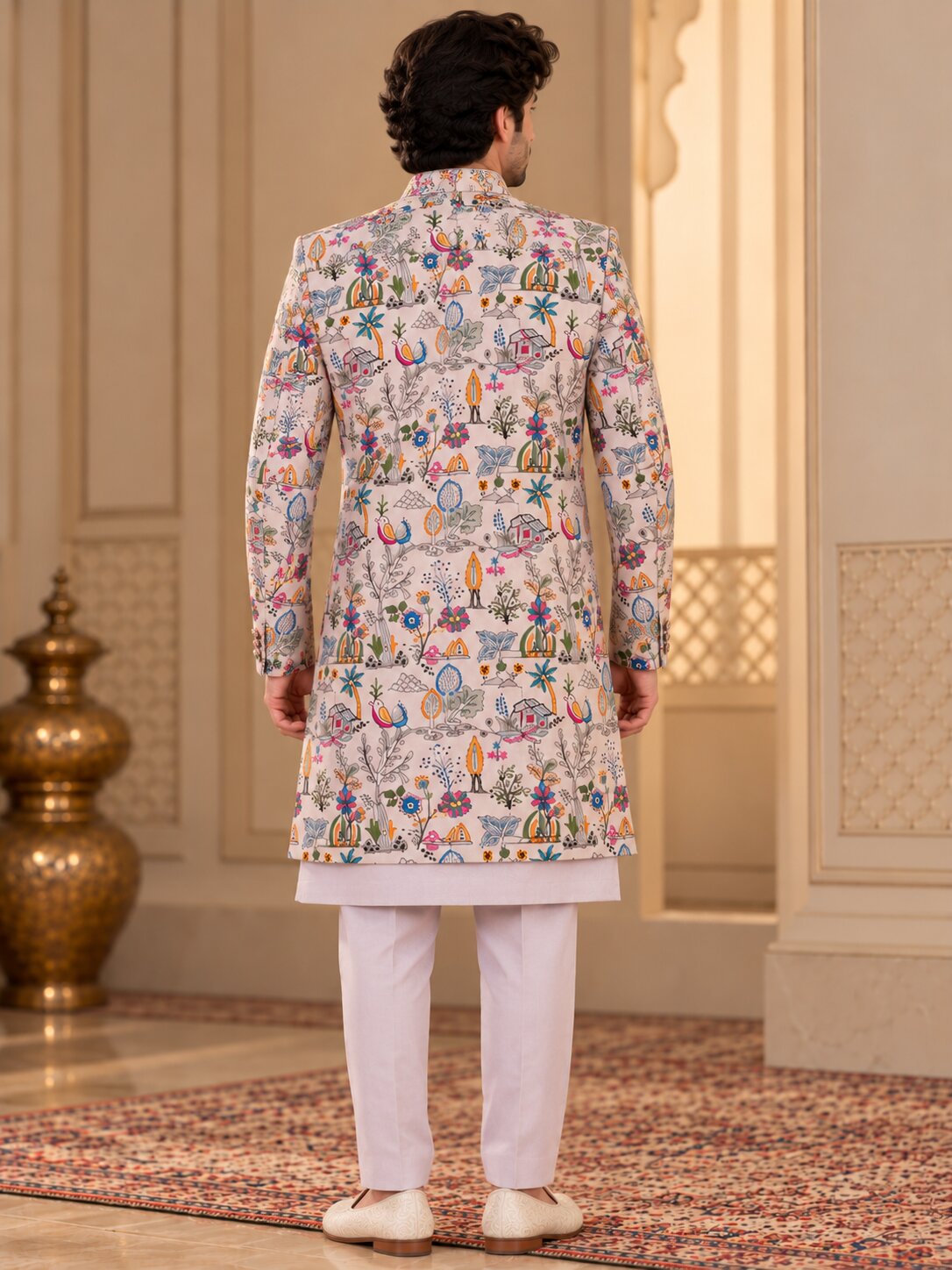 Men Premium Light Peach Embroidered Front Open Indo Western Sherwani Set