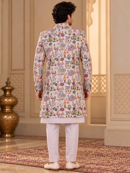 Men Premium Light Peach Embroidered Front Open Indo Western Sherwani Set