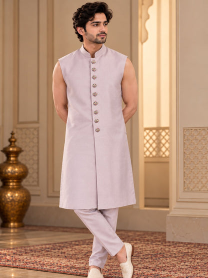 Men Premium Light Peach Embroidered Front Open Indo Western Sherwani Set