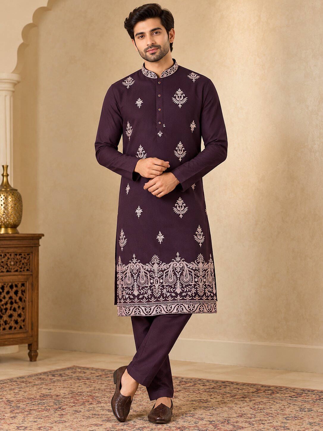 Men Premium Wine Embroidered Kurta Pyjama Set