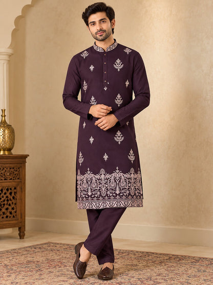 Men Premium Wine Embroidered Kurta Pyjama Set