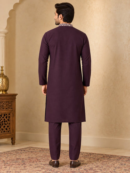 Men Premium Wine Embroidered Kurta Pyjama Set