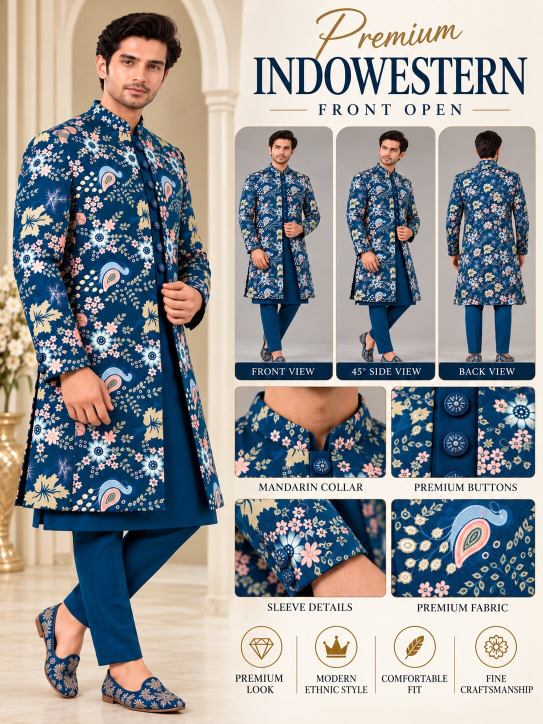 Men Premium Rama Blue Embroidered Front Open Indo Western Sherwani Set