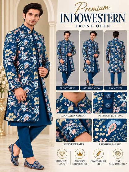 Men Premium Rama Blue Embroidered Front Open Indo Western Sherwani Set