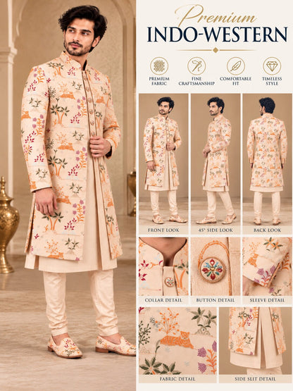 Men Premium Light Peach Embroidered Front Open Indo Western Sherwani Set
