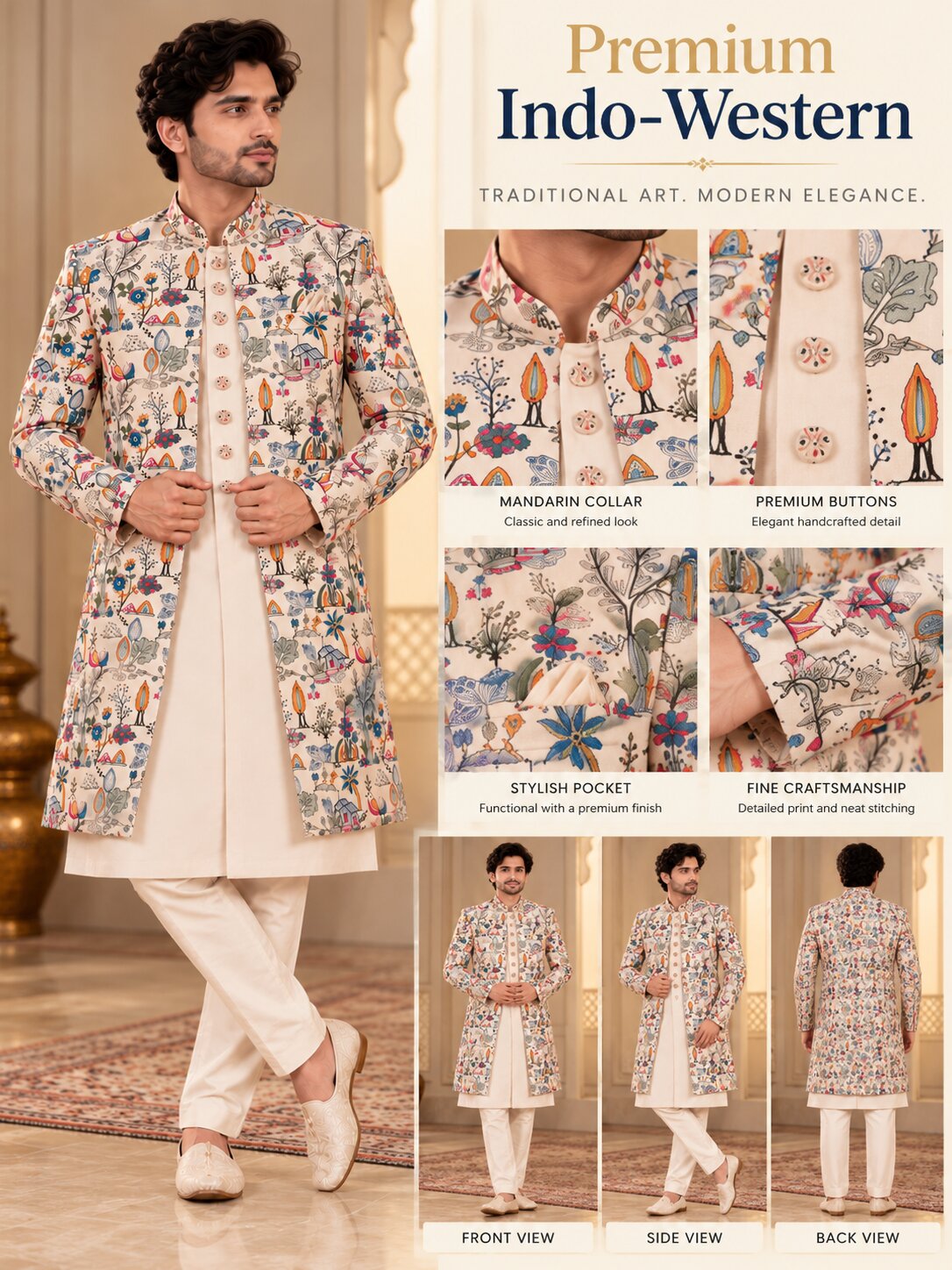 Men Premium Peach Embroidered Front Open Indo Western Sherwani Set