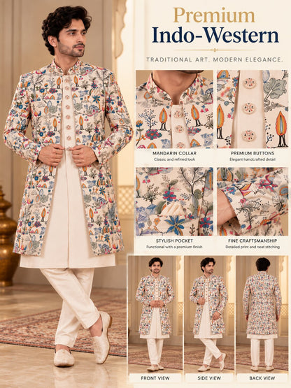 Men Premium Peach Embroidered Front Open Indo Western Sherwani Set