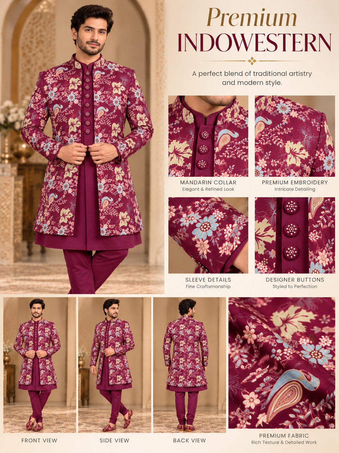 Men Premium Wine Floral & Paisley Front Open Indo Western Sherwani Set