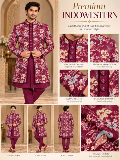 Men Premium Wine Floral & Paisley Front Open Indo Western Sherwani Set