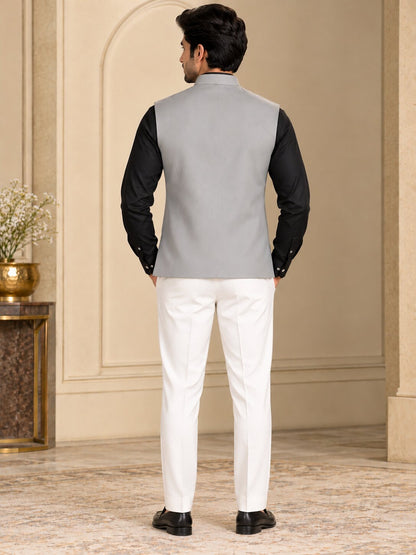 Men Premium Grey Solid Nehru Jacket (Bundi)