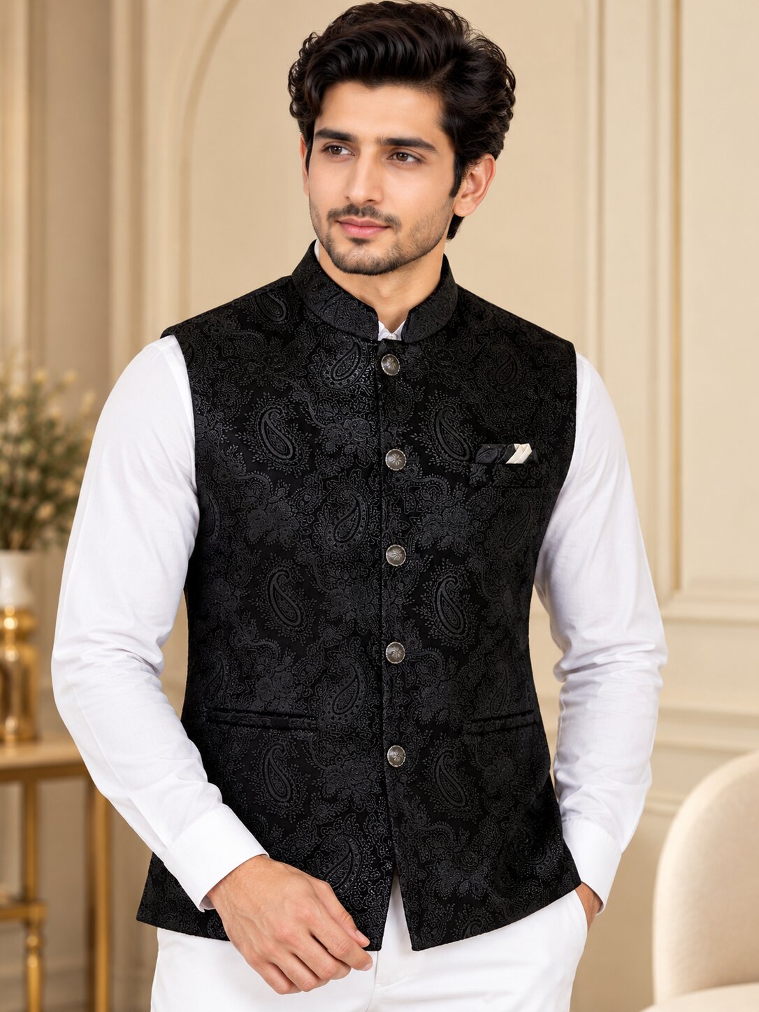 Men Black Paisley Jacquard Nehru Jacket