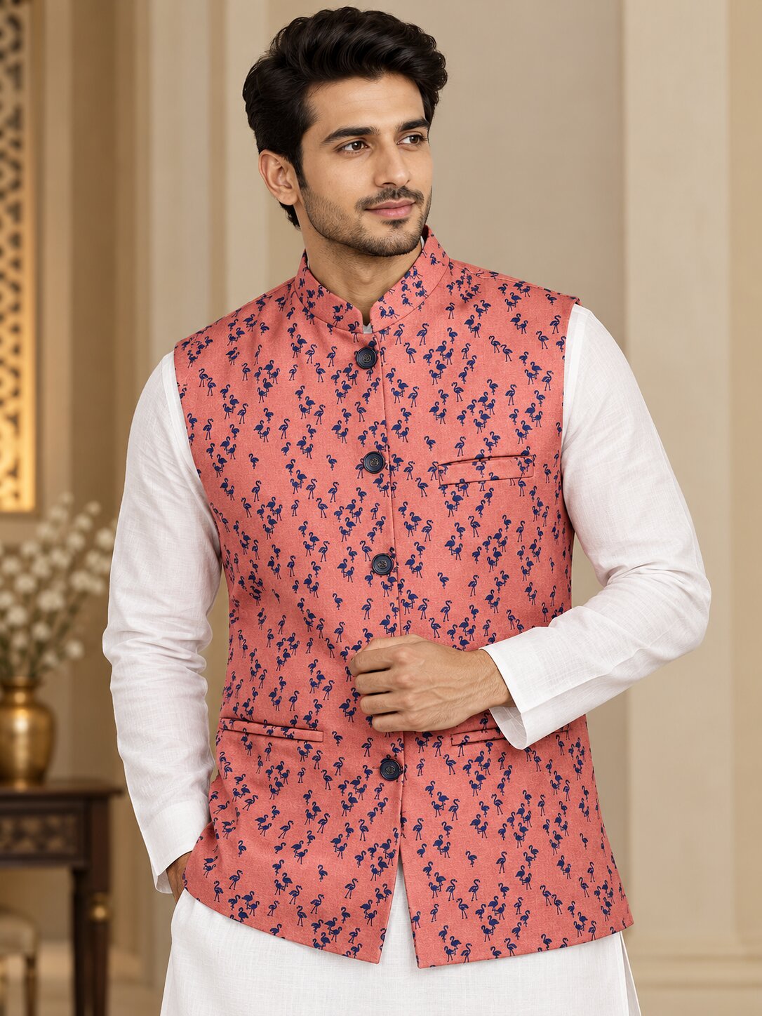 Men Peach Flamingo Printed Nehru Jacket