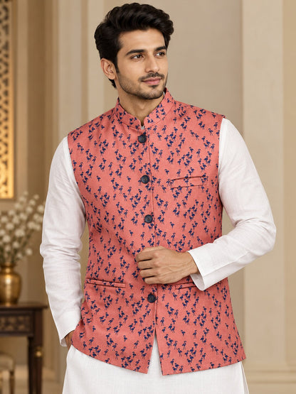 Men Peach Flamingo Printed Nehru Jacket