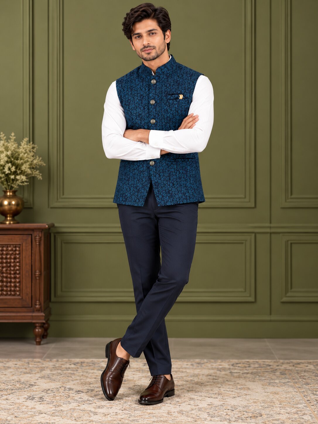 Men Rama Blue Floral Printed Nehru Jacket (Bundi)