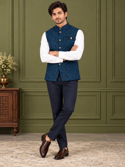 Men Rama Blue Floral Printed Nehru Jacket (Bundi)