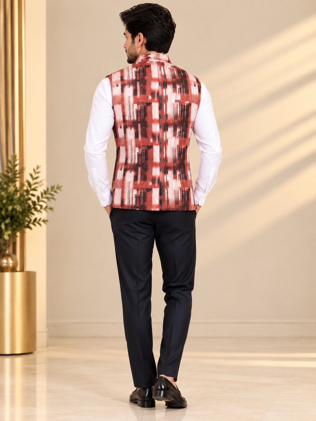 Men Wine Abstract Printed Nehru Jacket (Bundi)
