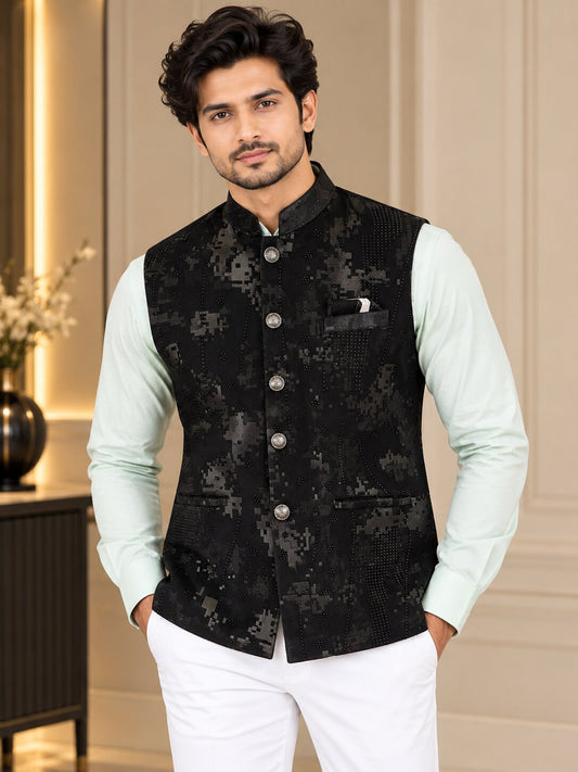 Men Black Abstract Printed Nehru Jacket