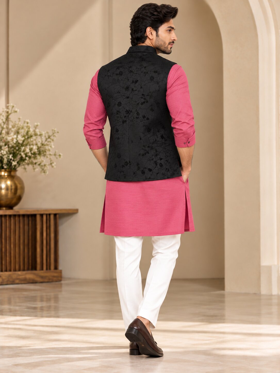 Men Premium Black Floral Jacquard Nehru Jacket (Bundi)