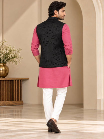 Men Premium Black Floral Jacquard Nehru Jacket (Bundi)