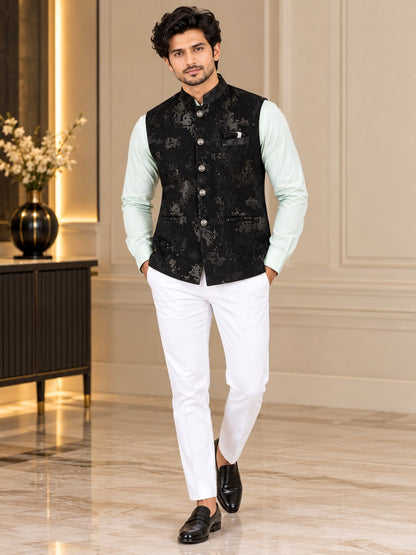 Men Black Abstract Printed Nehru Jacket