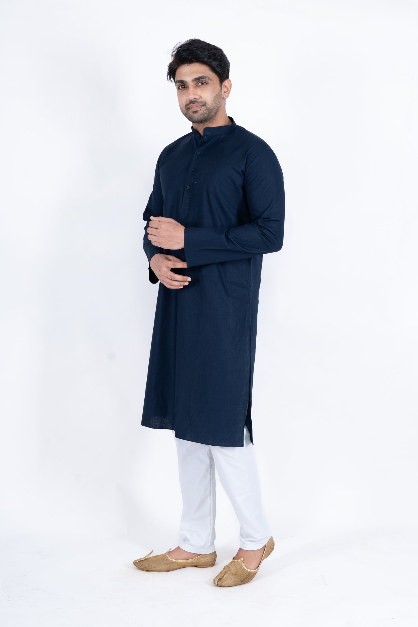 Textured Cotton Kurta - Navy