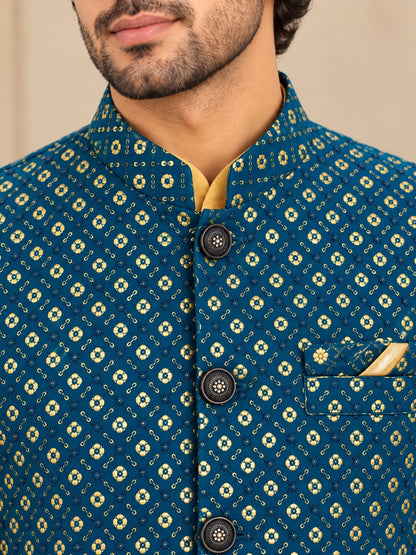 Men's Rama Blue Printed Nehru Jacket