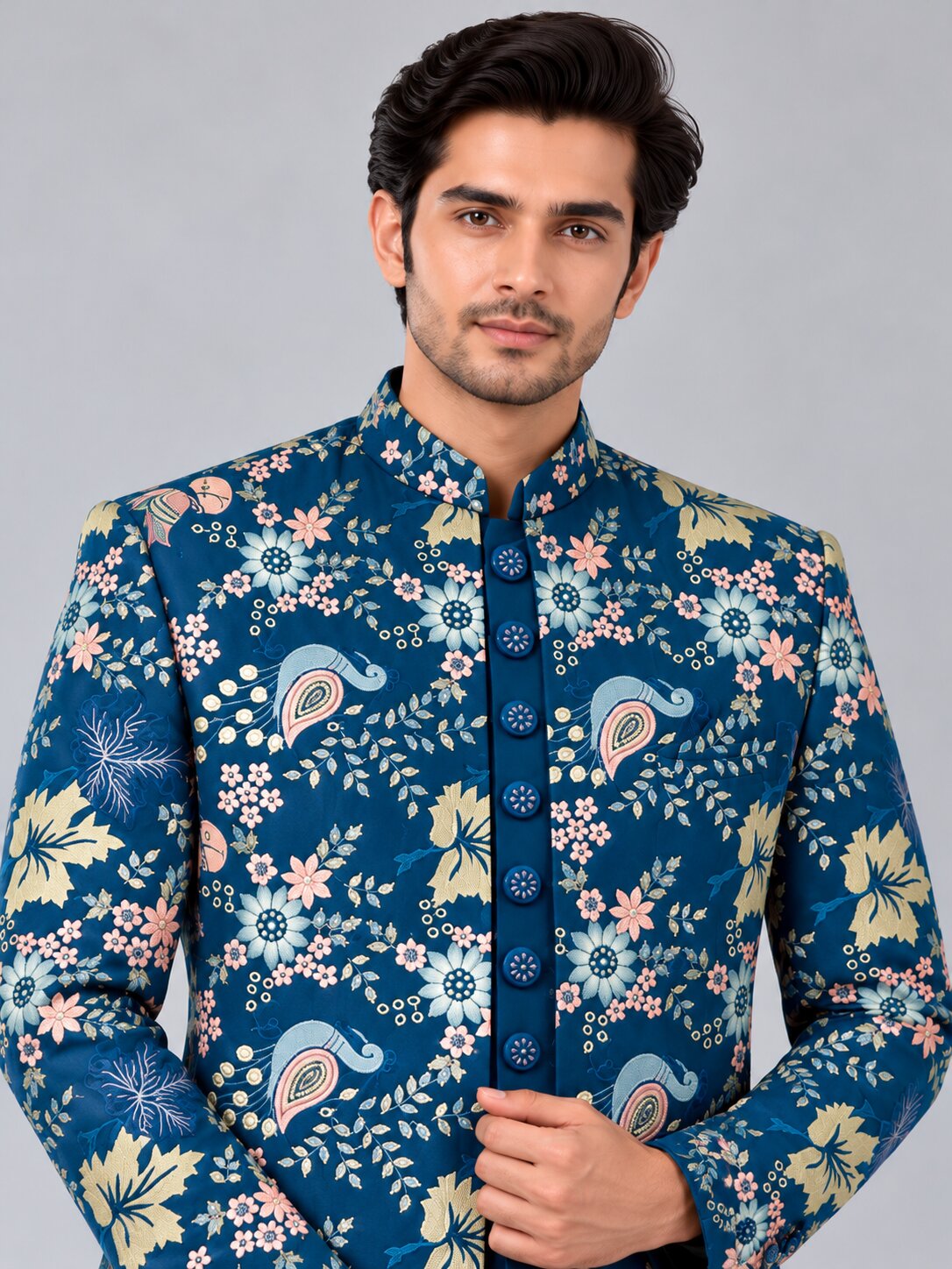 Men Premium Rama Blue Embroidered Front Open Indo Western Sherwani Set