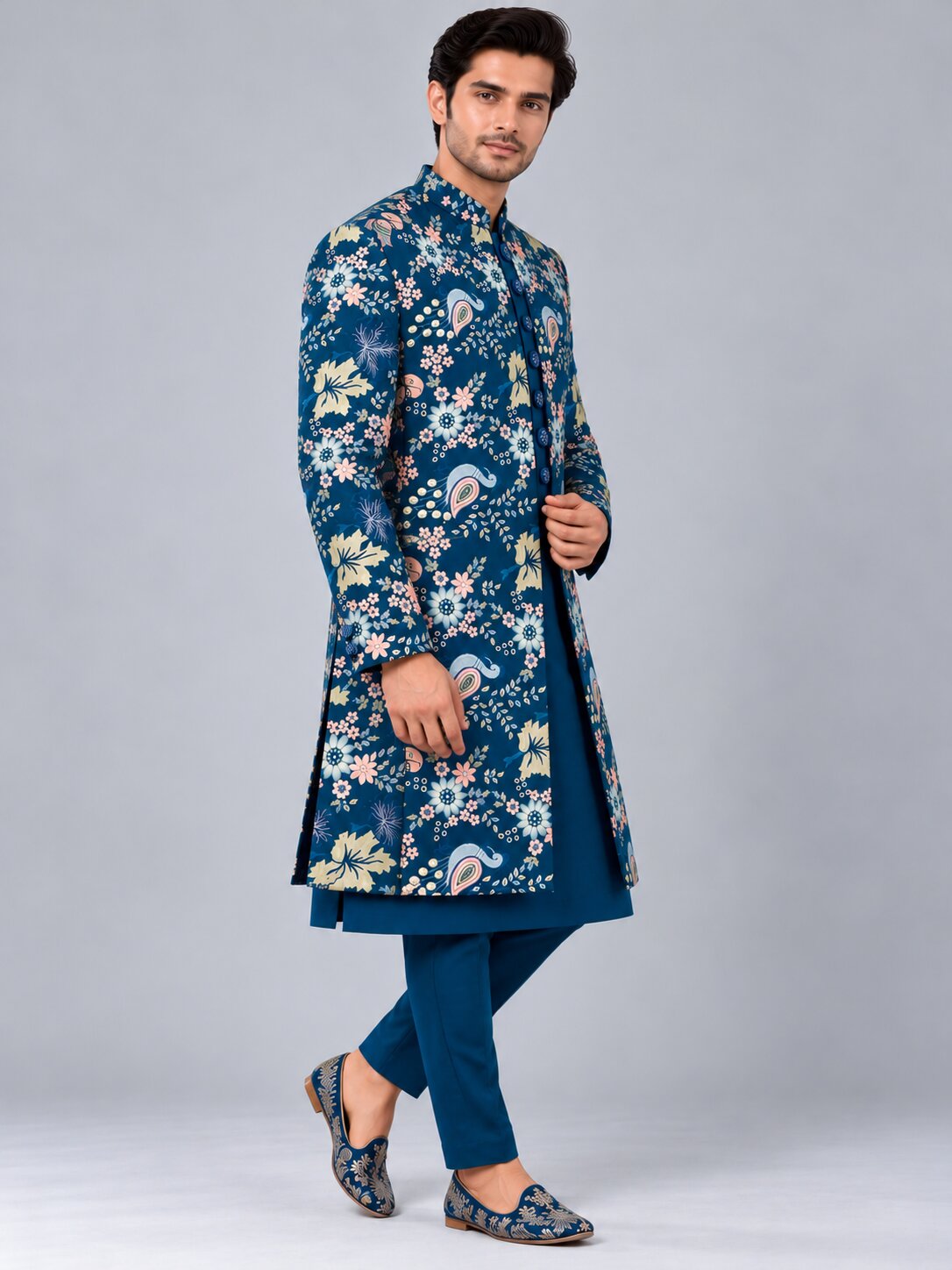 Men Premium Rama Blue Embroidered Front Open Indo Western Sherwani Set