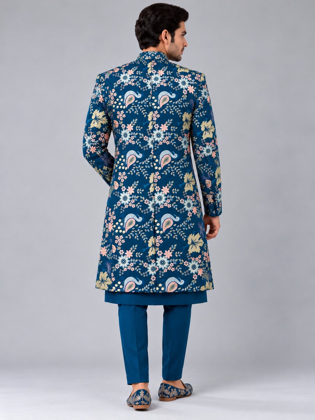 Men Premium Rama Blue Embroidered Front Open Indo Western Sherwani Set