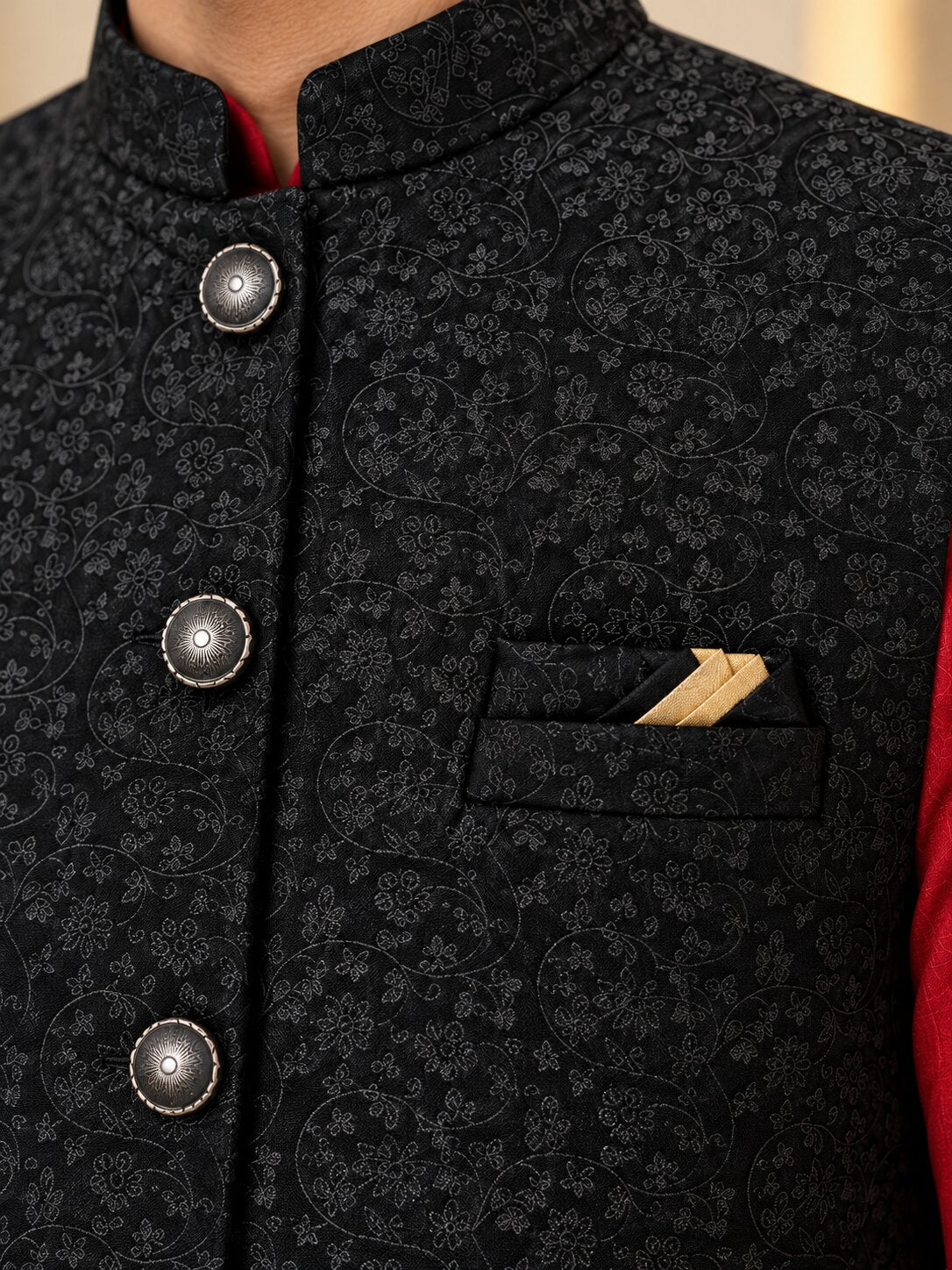 Men Black Floral Printed Nehru Jacket