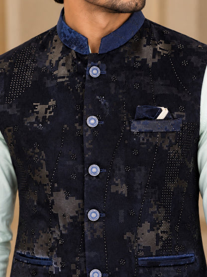 Men Navy Blue Abstract Printed Nehru Jacket
