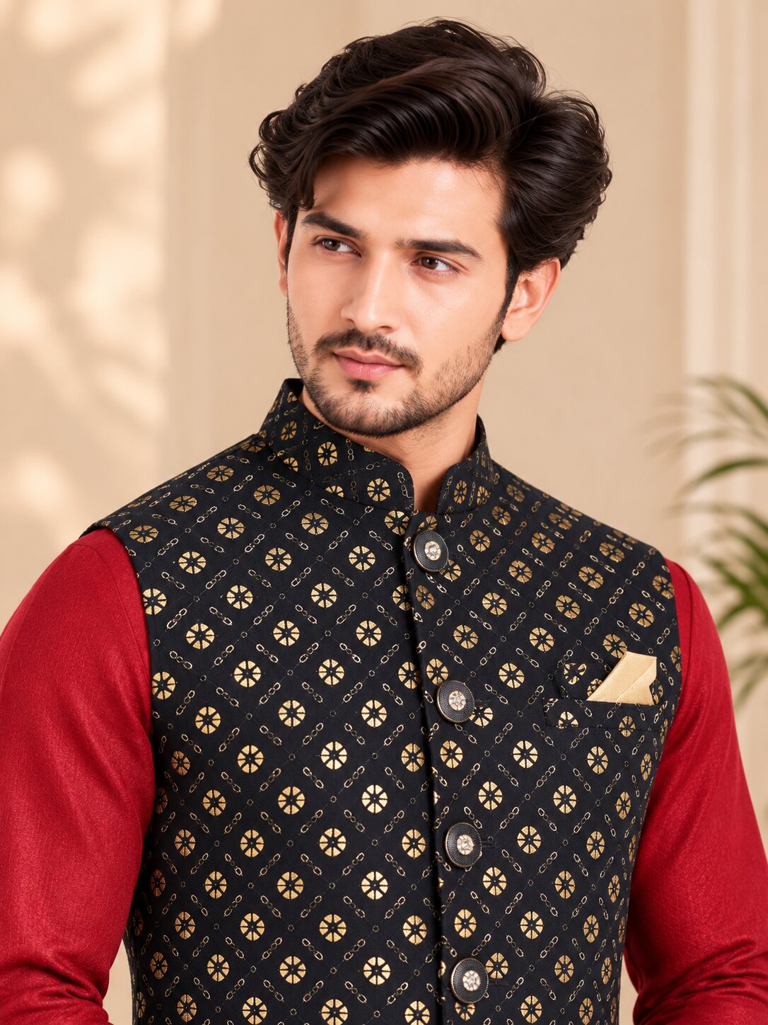 Men's Black Printed Nehru Jacket
