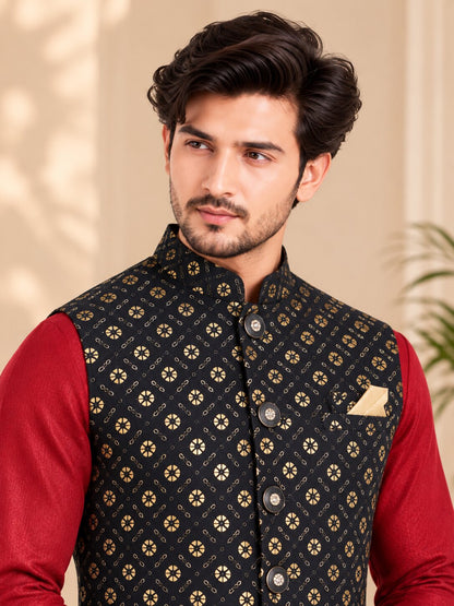 Men's Black Printed Nehru Jacket