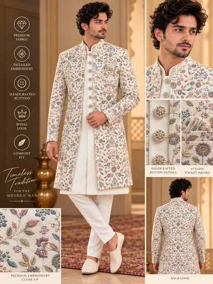 Men Premium Ivory Floral Embroidered Front Open Indo Western Sherwani Set