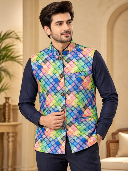 Men Multicolour Geometric Printed Nehru Jacket (Bundi)