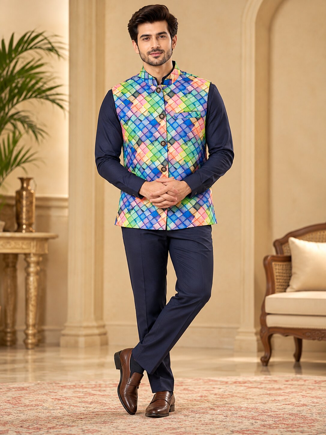 Men Multicolour Geometric Printed Nehru Jacket (Bundi)