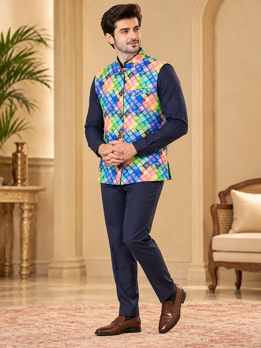 Men Multicolour Geometric Printed Nehru Jacket (Bundi)
