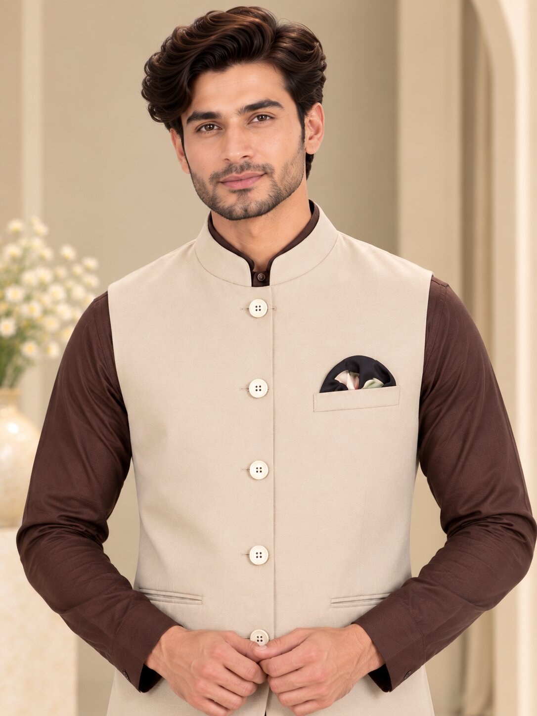 Men Fawn Solid Nehru Jacket (Bundi)