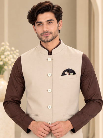Men Fawn Solid Nehru Jacket (Bundi)